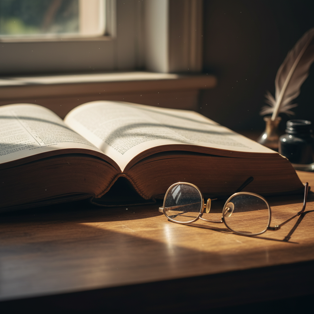 고풍스러운 나무 책상 위에 펼쳐진 두꺼운 철학 서적과 그 옆에 놓인 빈티지한 금테 안경, 창틈으로 들어오는 따스한 햇살이 종이의 질감을 섬세하게 비추는 고화질 사진