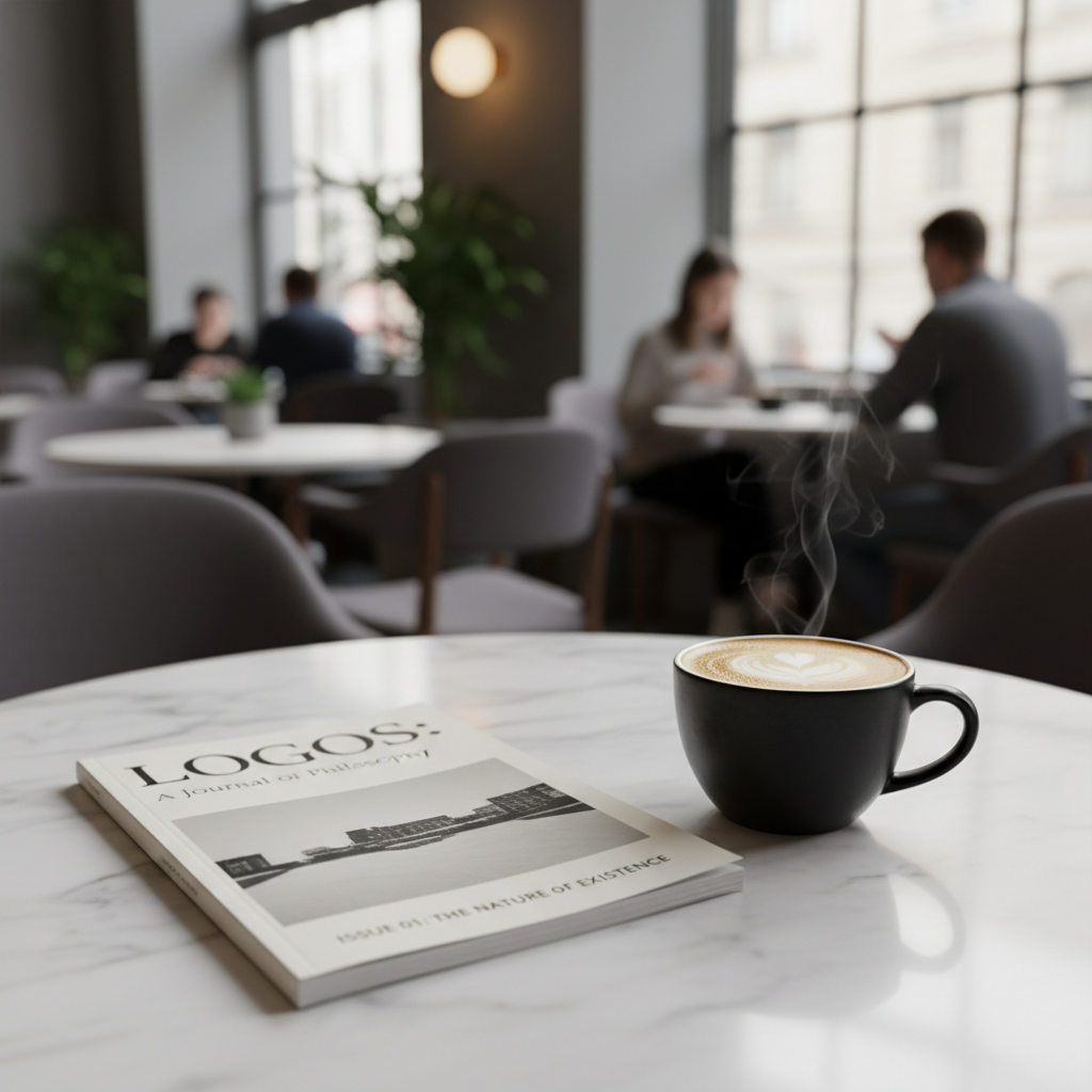 하얀 대리석 테이블 위에 놓인 미니멀한 디자인의 철학 잡지와 따뜻한 라떼 한 잔, 세련된 카페의 분위기가 어우러진 감각적인 정물 사진