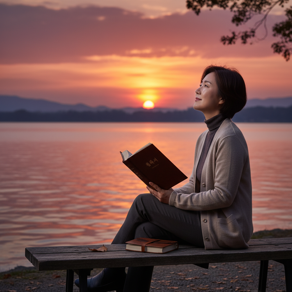 해 질 녘 호숫가 벤치에서 철학서를 읽다가 잠시 고개를 들어 노을을 바라보는 인물, 사색과 성찰의 깊이를 담아낸 서정적인 풍경