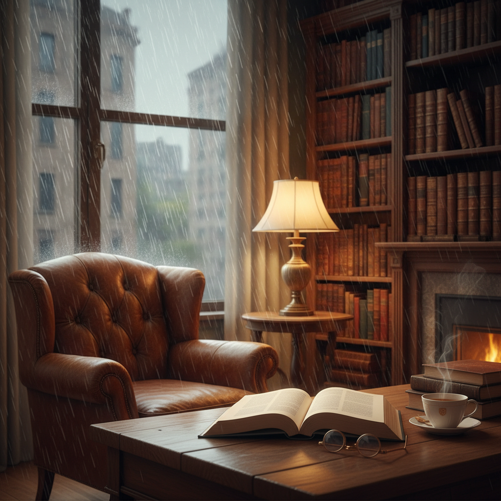 창밖으로 비가 내리는 날, 따뜻한 조명이 켜진 서재에서 책장 가득한 철학서들을 배경으로 펼쳐진 책 한 권이 주는 아늑하고 지적인 고립의 순간